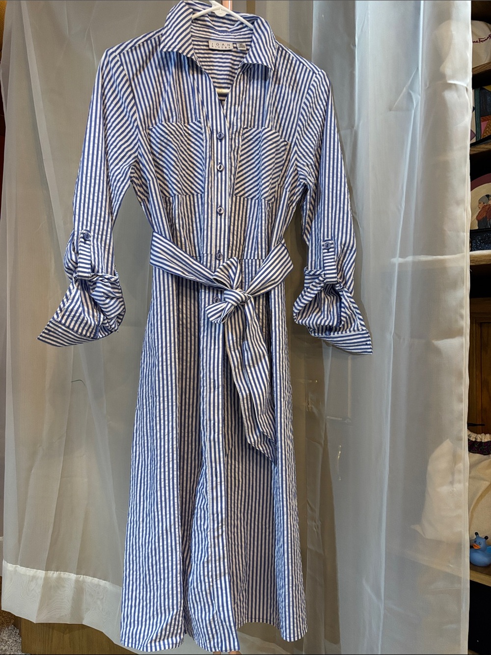Joan Rivers Cotton Blend Striped Shirt Dress with Tie Belt - Blue/White